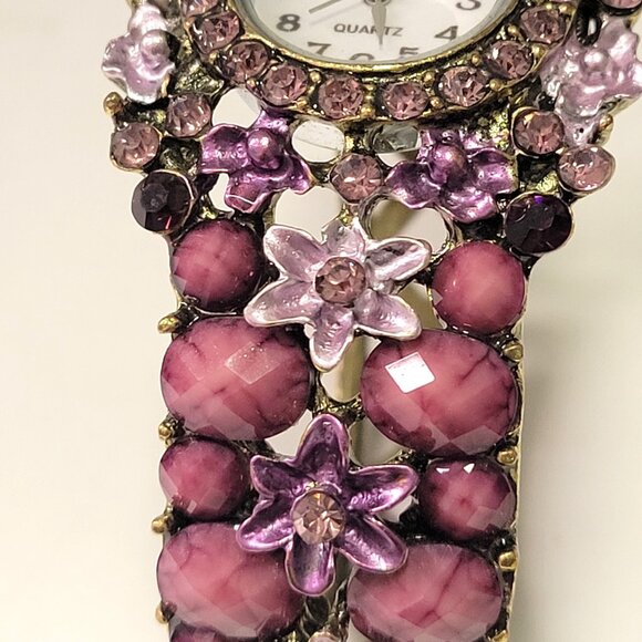 Purple Rhinestone Watch Cuff Band Round Face Ornate Fashion Watch - NEW ! - Picture 9 of 16